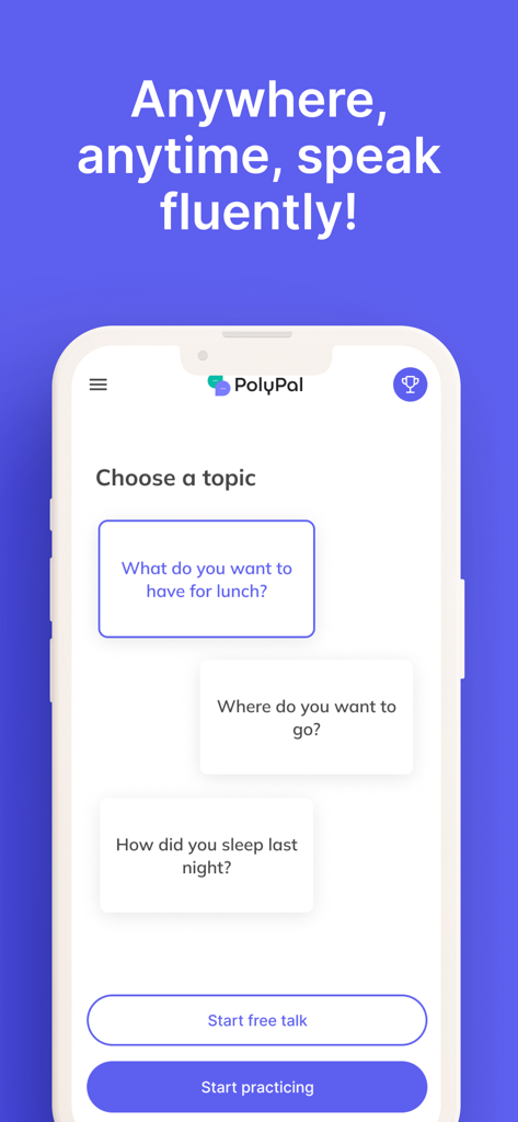PolyPal English: Speak AI Chat - Interface of the PolyPal app showing English conversation topics for AI practice