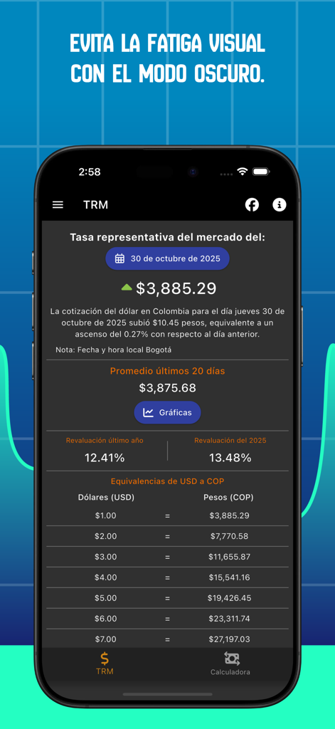 Dollar in Colombia - Interfaccia dell'app mobile Dollar in Colombia in modalità scura che mostra il tasso di cambio ufficiale e una tabella di conversione