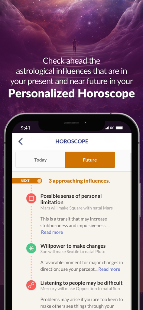 Astrolink: Do your Birth Chart - Astrolink app interface displaying a personalized horoscope with upcoming astrological influences and planetary transits