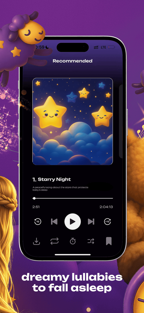 iPhone-Bildschirm mit einem Schlaflied-Audio-Player mit dem Lied Sternennacht aus der Gute-Nacht-Geschichten App für Kinder