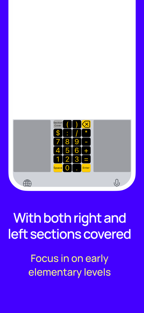 ArithmeType app showing a math keyboard with side sections covered to help elementary students focus on basic symbols
