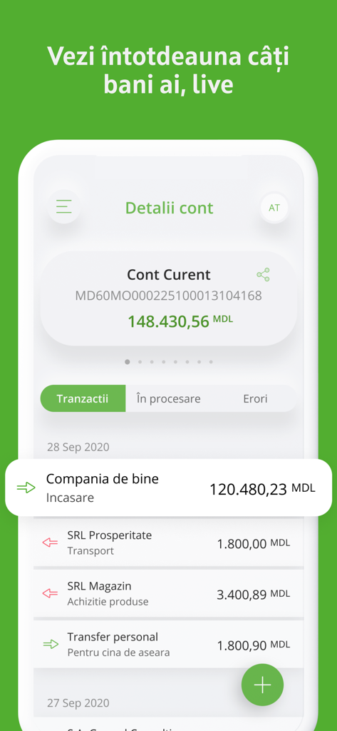 OTP Mobile Banking Moldova - Mobile screen of OTP Mobile Banking Moldova app displaying current account balance and transaction history in Romanian