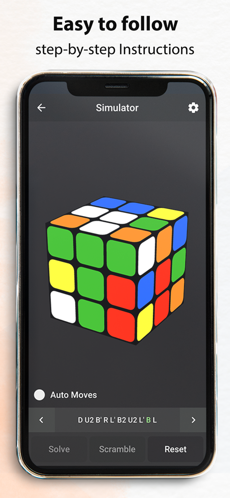 Screenshot of the Cube Solver app showing a 3D virtual cube simulator with step by step move instructions