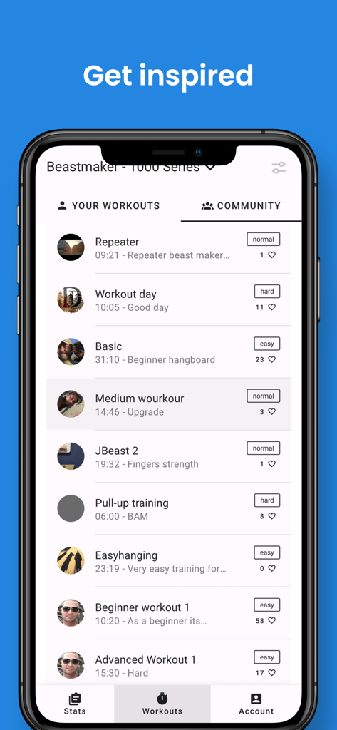 HangTime - Hangboard Training - A list of shared community climbing workouts in the HangTime app under the Get Inspired header