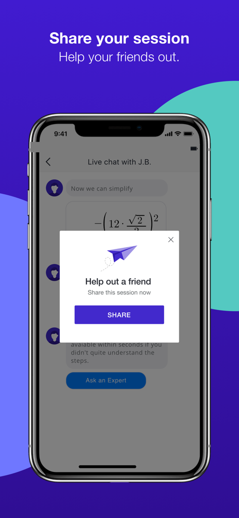 PhotoStudy - Live Study Help - A mobile screen showing the PhotoStudy app feature to share a live study session with a friend.