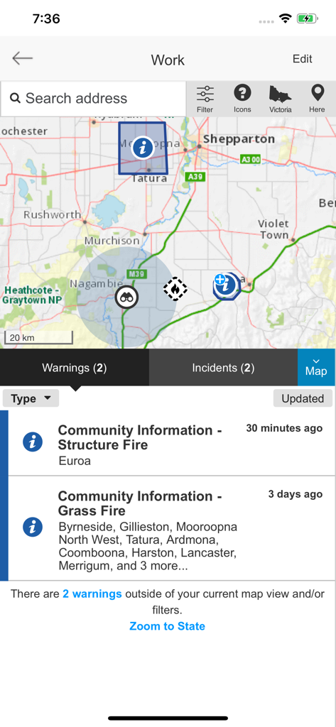 VicEmergency app interface showing an interactive map with emergency markers and a list of fire warnings below.