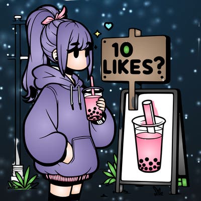 girl with oversized hoodie drinking boba and she has a high ponytail with a sign that says 10likes?