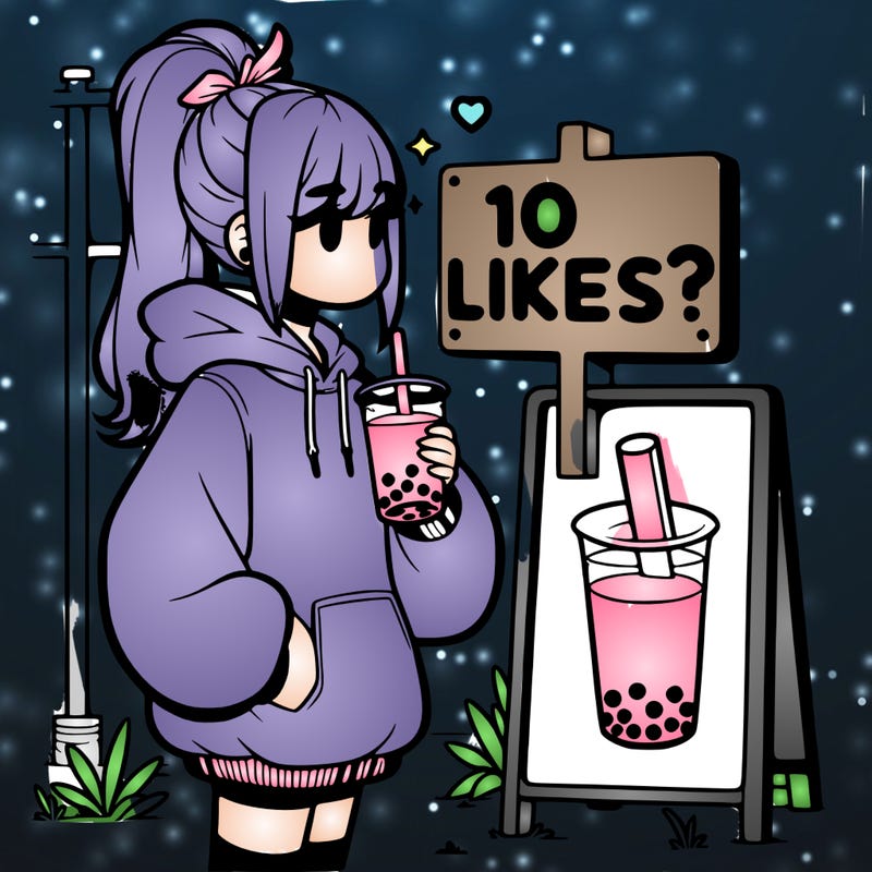 girl with oversized hoodie drinking boba and she has a high ponytail with a sign that says 10likes?