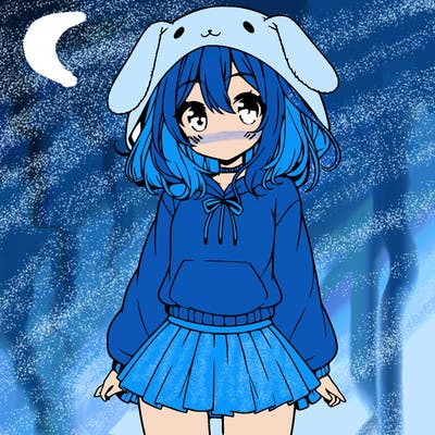 pretty anime girl wearing a fluffy hoodie with bunny ears on the hood and a skirt