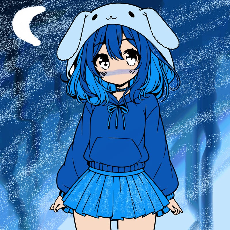pretty anime girl wearing a fluffy hoodie with bunny ears on the hood and a skirt