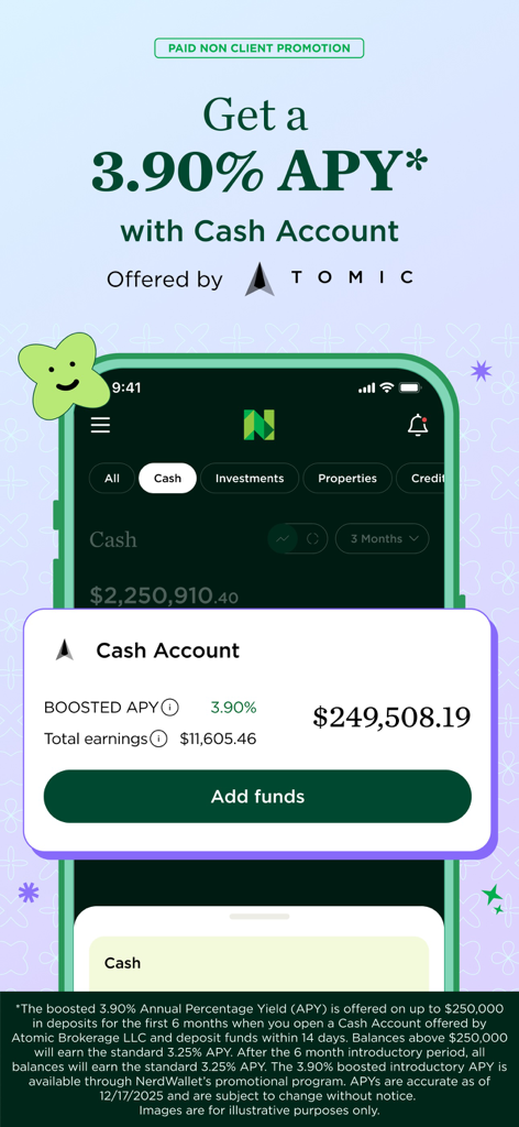 NerdWallet mobile app interface showing a 3.90 percent APY offer for a high yield cash account