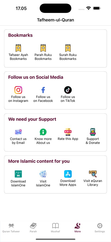 Tafheem ul Quran Urdu - The more menu of the Tafheem ul Quran Urdu app including bookmarks social media links and app support