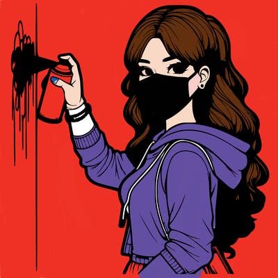 realistic girl with mask spray painting a wall