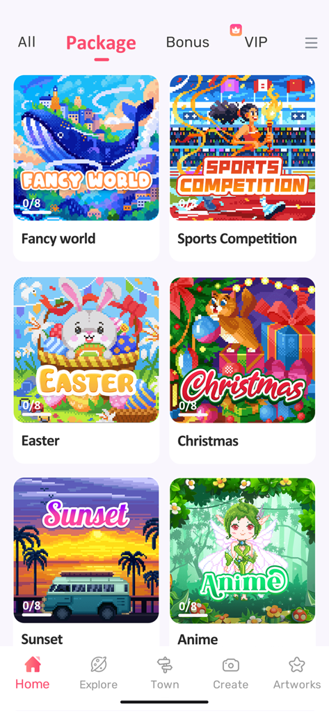No.Pix - Color by Number - Screenshot of the No.Pix app menu displaying various pixel art categories including Fancy World and Sports