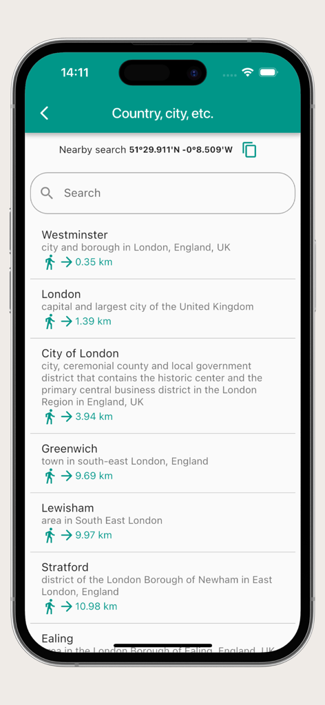 World map offline - Offline search results screen showing nearby locations in London with walking distances