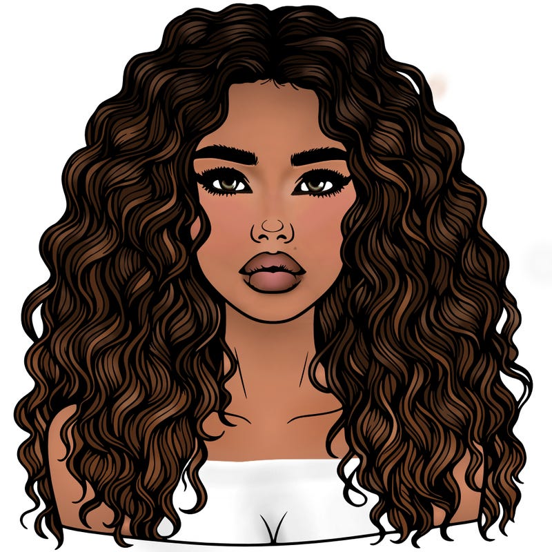 realistic girl with long frizzy hair and lips
