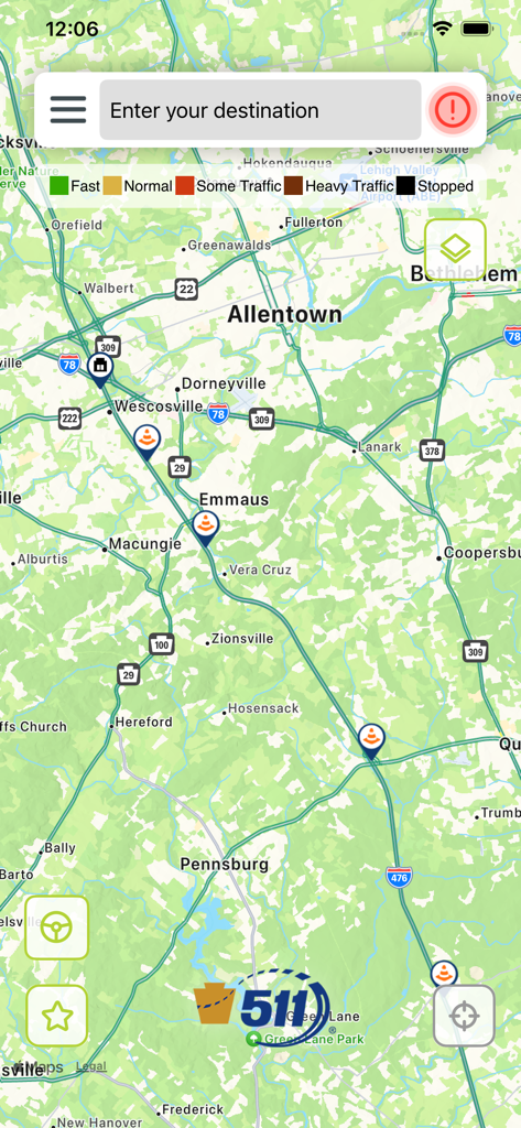 511PA - The 511PA app interface displaying a live traffic and road conditions map of Pennsylvania