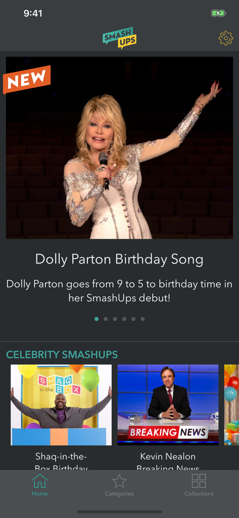 Página de inicio de la aplicación móvil SmashUps con un video de saludo de cumpleaños de Dolly Parton y opciones de celebridades como Shaq y Kevin Nealon.