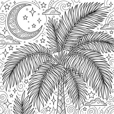 Immerse yourself in the tranquility of a tropical night with this captivating Areca Palm Leaf coloring page. Discover intricate fronds bathed in moonlight, surrounded by twinkling stars and dreamy sky patterns.