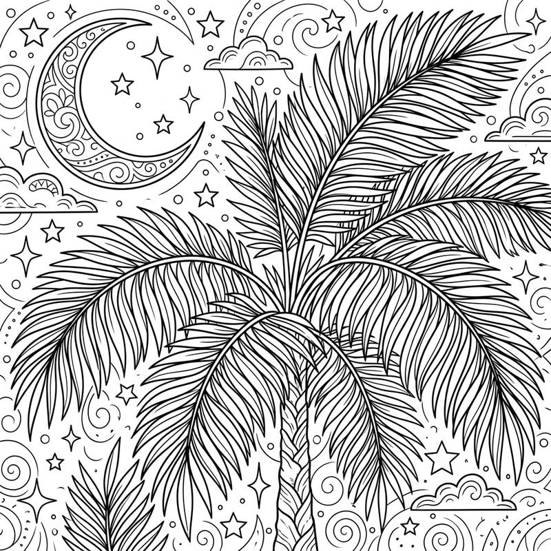 Immerse yourself in the tranquility of a tropical night with this captivating Areca Palm Leaf coloring page. Discover intricate fronds bathed in moonlight, surrounded by twinkling stars and dreamy sky patterns.