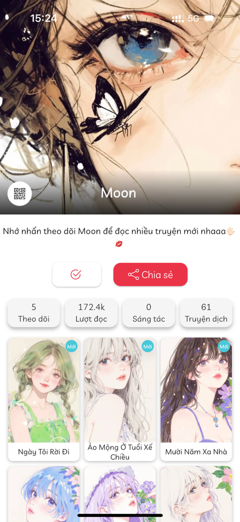 Mọt Truyện - A profile screen in the Mot Truyen app displaying manga style story covers and reader statistics