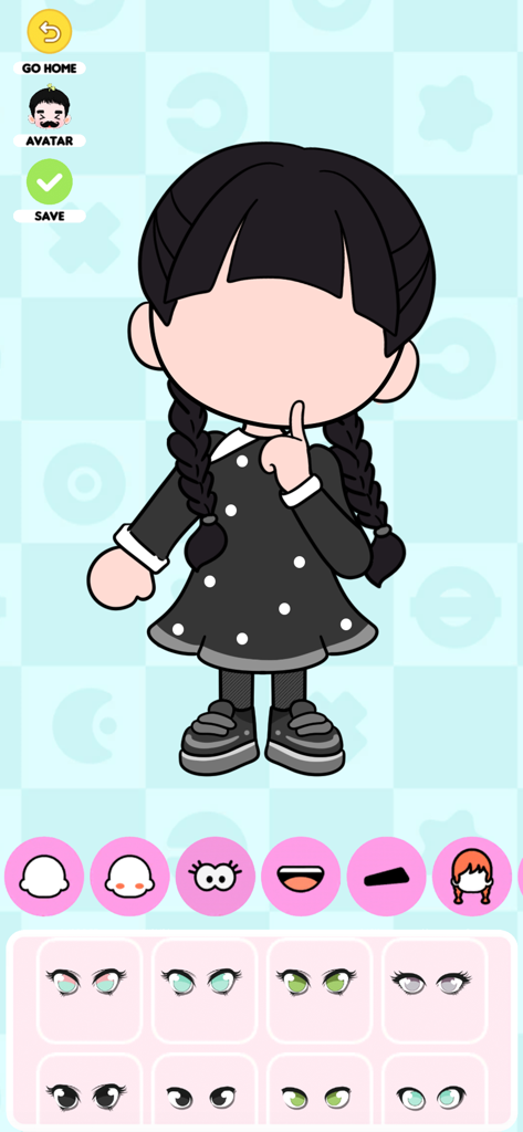 A character customization screen featuring an aesthetic avatar creator with options for eyes and facial features.