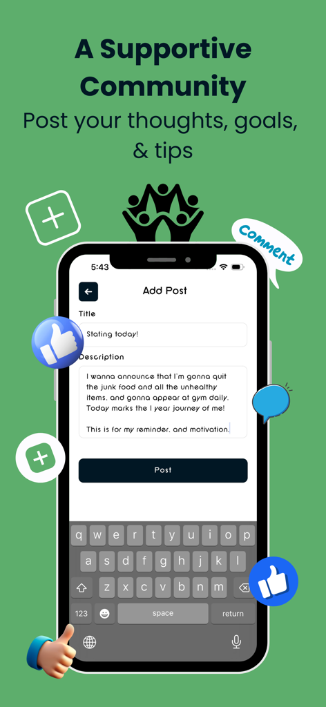 NM: AI Meal Planner & Wellness - A mobile screen showing the supportive community feature of the NM AI Meal Planner app where users share health goals and tips