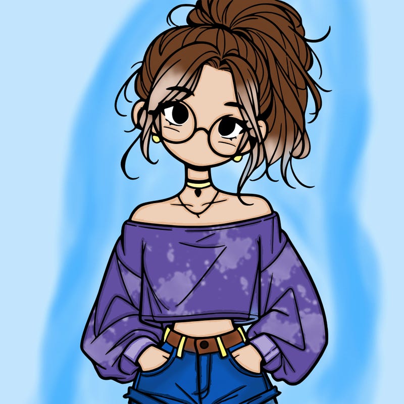 girl with a messy ponytail glasses a baggy crop top and jean shorts