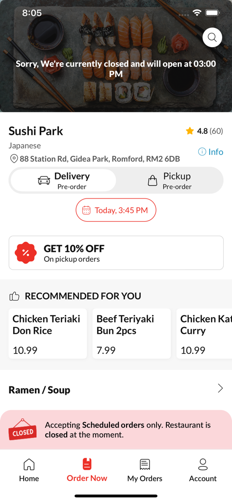 Sushi Park mobile app home screen showing restaurant status menu recommendations and 10 percent discount offer
