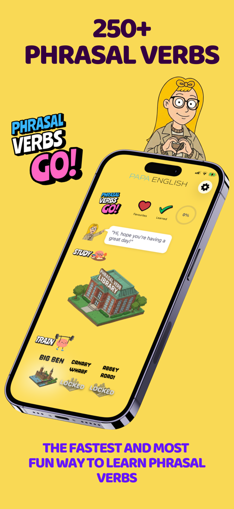 Main interface of the Phrasal Verbs GO app showing the phrasal verb library and study options on a smartphone