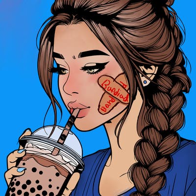 realistic girl drinking boba tea with braided hair