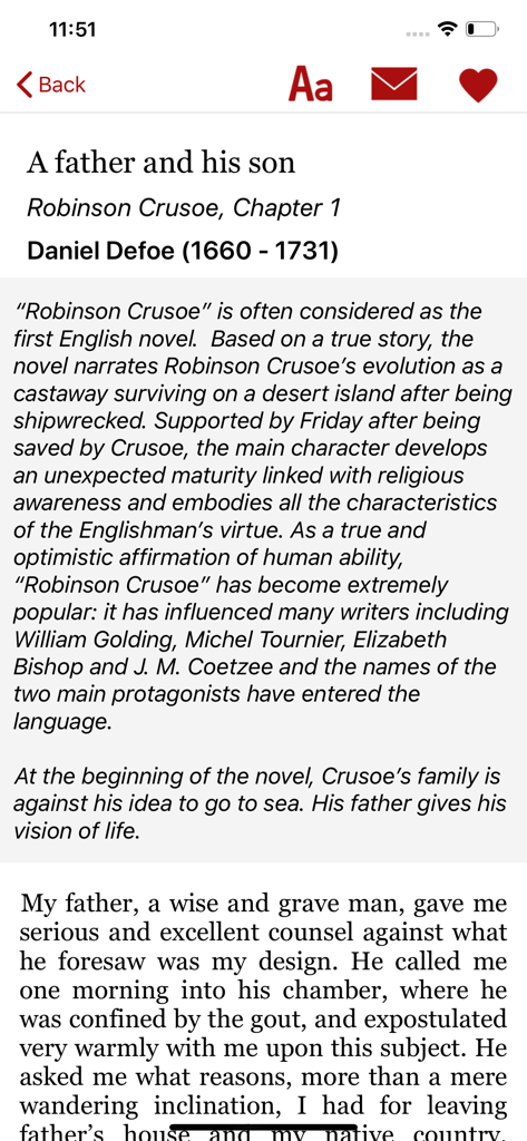 Un'interfaccia dell'app A Text A Day che mostra un'analisi ed un estratto di Robinson Crusoe di Daniel Defoe