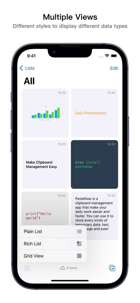 PasteNow - Instant Clipboard - iPhone screenshot of PasteNow showing the Grid View layout with various clipboard items like charts, text snippets, and code snippets.