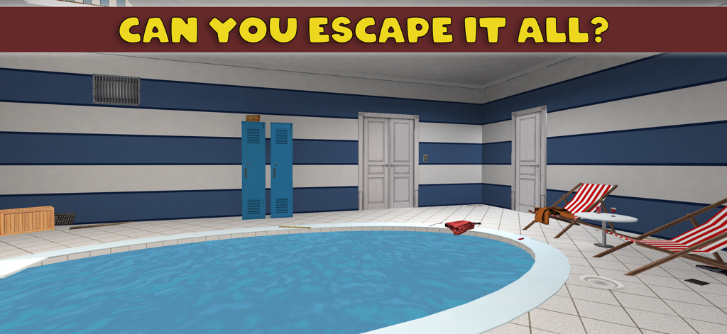 Can you escape 3D - A 3D escape room game level featuring an indoor swimming pool area with striped walls and lockers