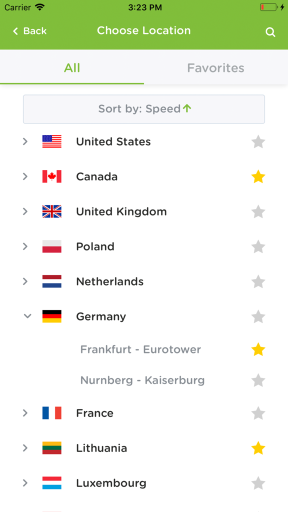 HideIPVPN app interface showing a list of VPN server locations sorted by speed including United States Canada and Germany