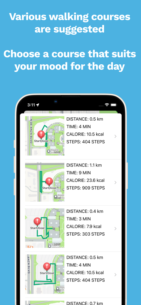 Mr.Walkway - A list of suggested walking routes in the Mr.Walkway app showing map previews and health stats like distance and calories