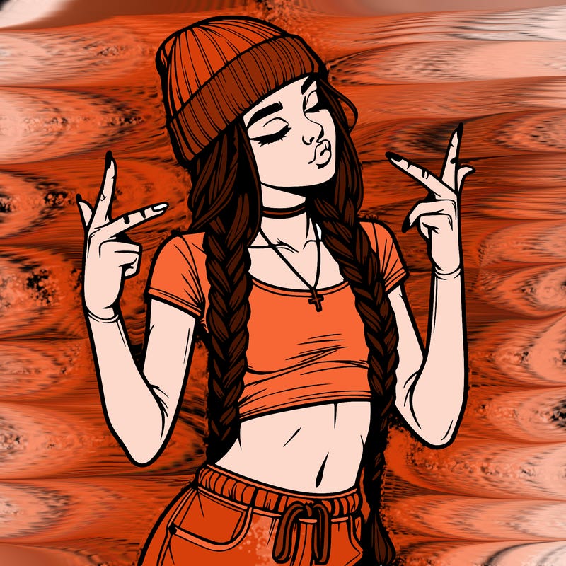 realistic teenage girl with braids and a beanie and crop top doing 🫶🏼