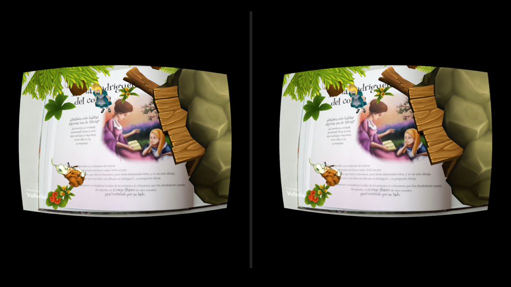 A stereoscopic split-screen view of the ALICE AR app showing 3D storybook elements like a wooden bridge and characters popping out of the pages.