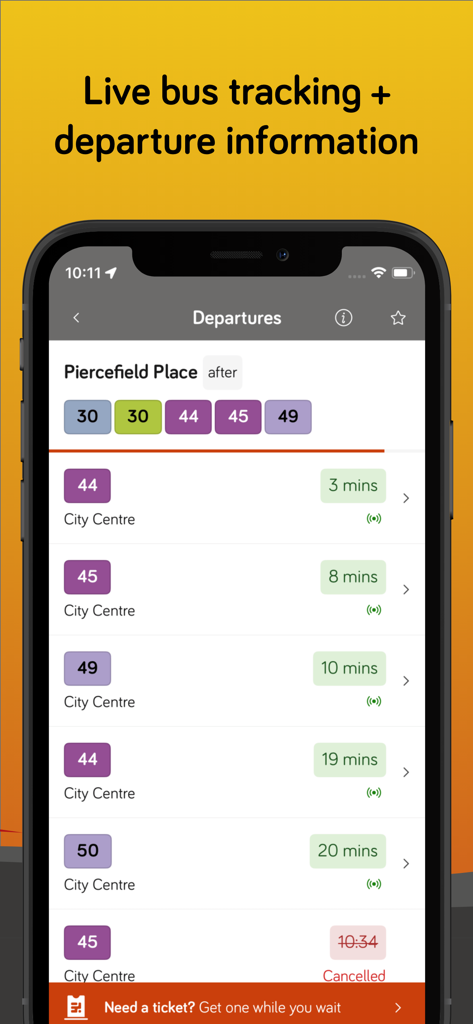 Uma interface móvel para a aplicação Cardiff Bus que exibe horários de chegada e partida de autocarros em tempo real em Piercefield Place.