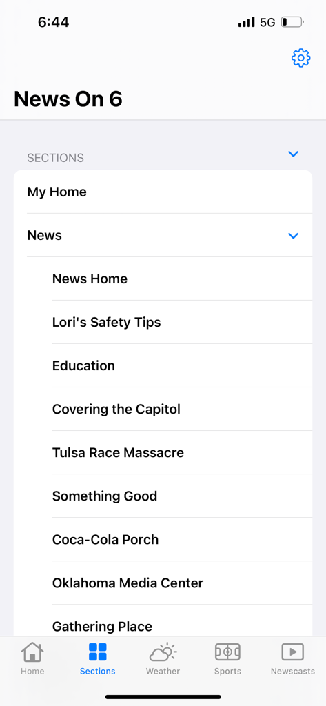 News On 6 - The sections menu of the News On 6 app displaying various local news categories and topics.