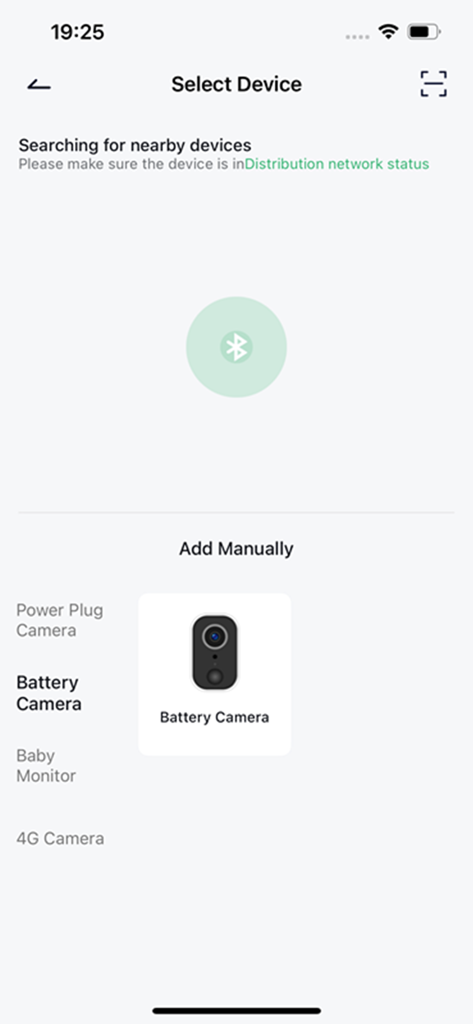 Écran de l'application CloudPlus pour ajouter de nouveaux appareils domestiques intelligents, y compris des caméras à batterie et des moniteurs pour bébé
