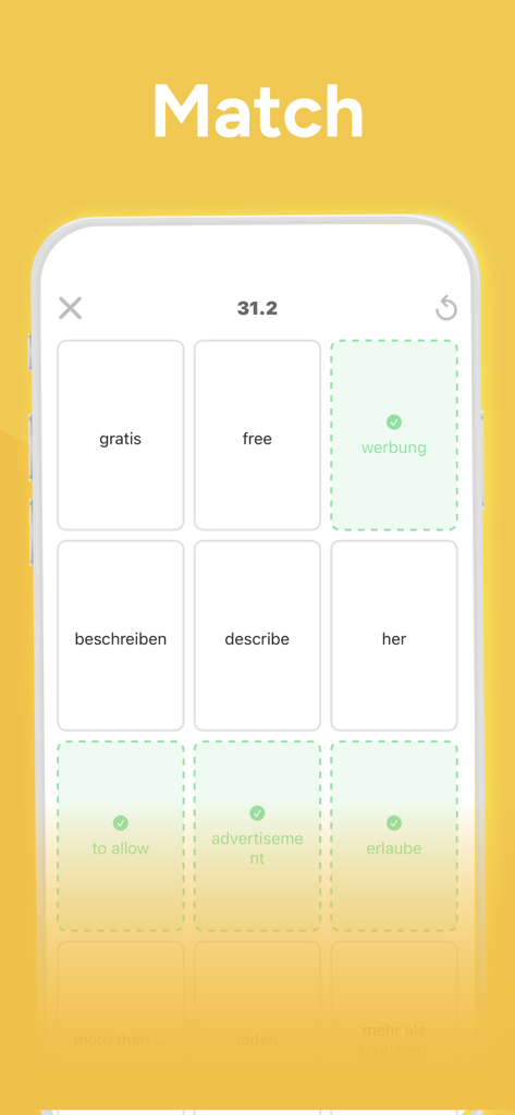 Vocabulary Builder Learn words - Interfaz de una aplicación constructora de vocabulario que muestra un juego de emparejar palabras entre inglés y alemán