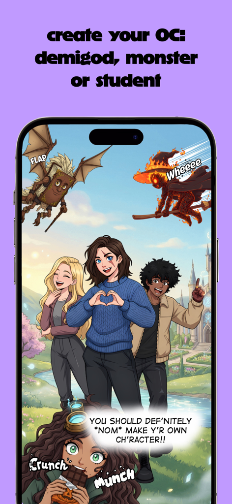 Mobile app interface showing diverse manga style characters in a magic academy setting with a call to action to create an original character