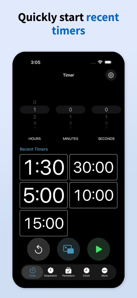 Pop Out Timer Stopwatch Clock - Pop Out Timerアプリのモバイルインターフェース。最近のタイマープリセットが強調表示されています