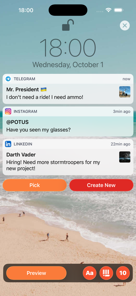 Realistic fake iOS notifications on a lock screen with a beach background within the Faker app UI