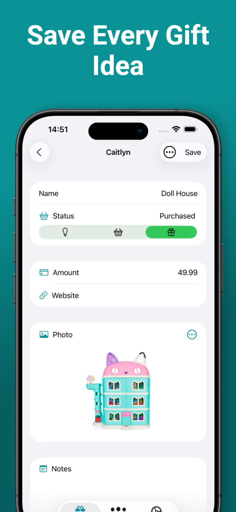 Uma captura de tela do aplicativo Christmas Tracker exibindo uma ideia de presente para uma casa de bonecas com seu preço e status.