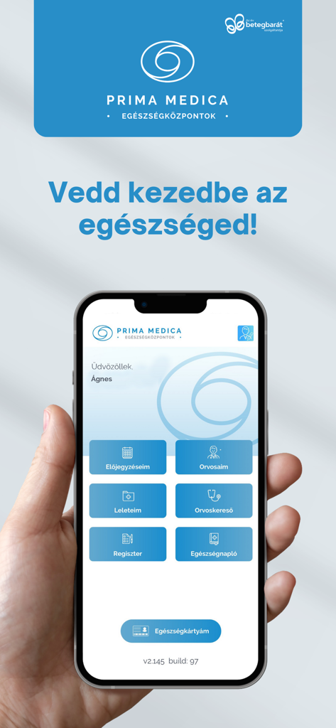 PrimaMedica App - A hand holding a smartphone showing the PrimaMedica health management app dashboard.