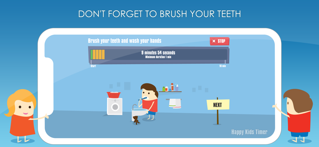 Happy Kids Timer: Home Chores - Happy Kids Timer app interface showing a visual countdown for a child brushing teeth