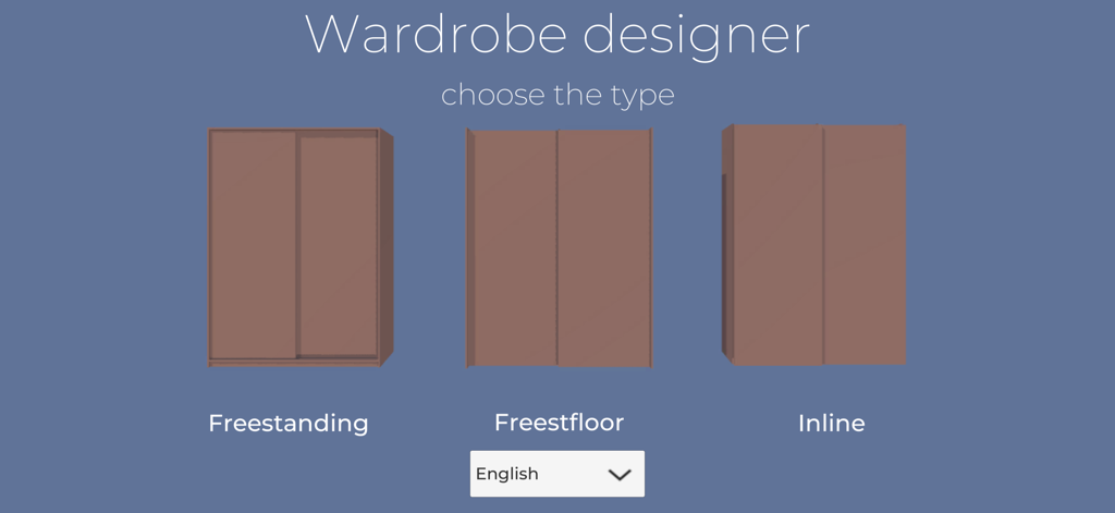 Interface of the Wardrobe Designer app showing options to choose wardrobe installation types including freestanding and inline