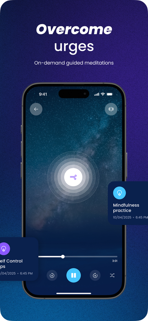 Overcome Lust: Rewire - Pantalla de meditación guiada en la aplicación Rewire para superar los deseos